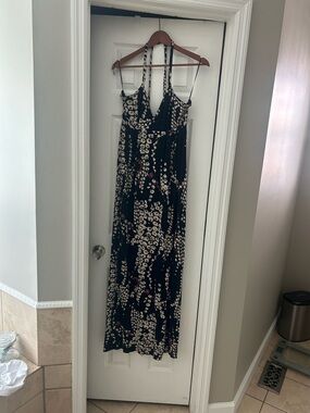 Express navy Maxi Dress with Cream Floral and Red Accents. Halter top tie.